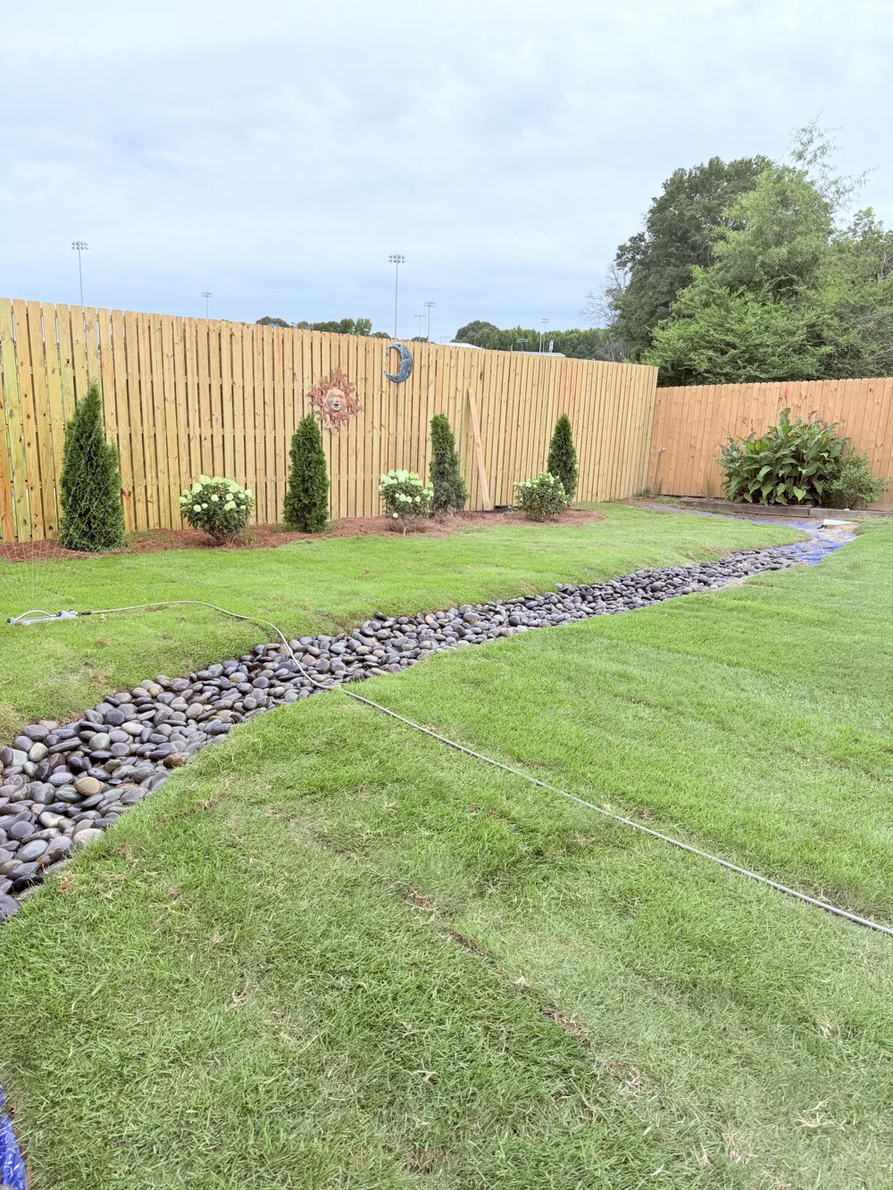 Backyard lawn with a curved river-rock bed and plantings along a wooden fence